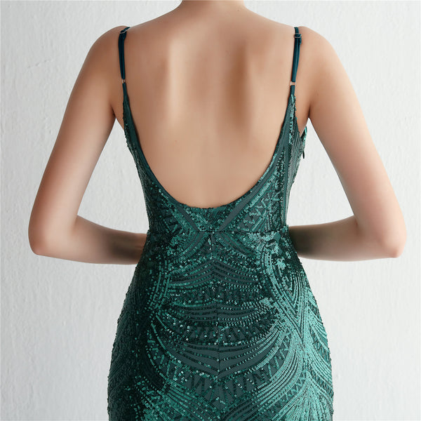Slim-Fit Sequin Evening Gown with Floral Straps