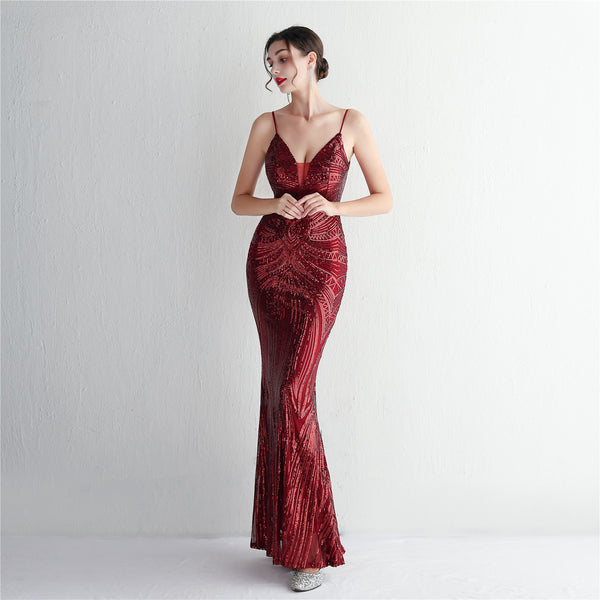 Slim-Fit Sequin Evening Gown with Floral Straps