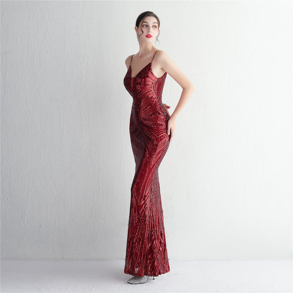 Slim-Fit Sequin Evening Gown with Floral Straps