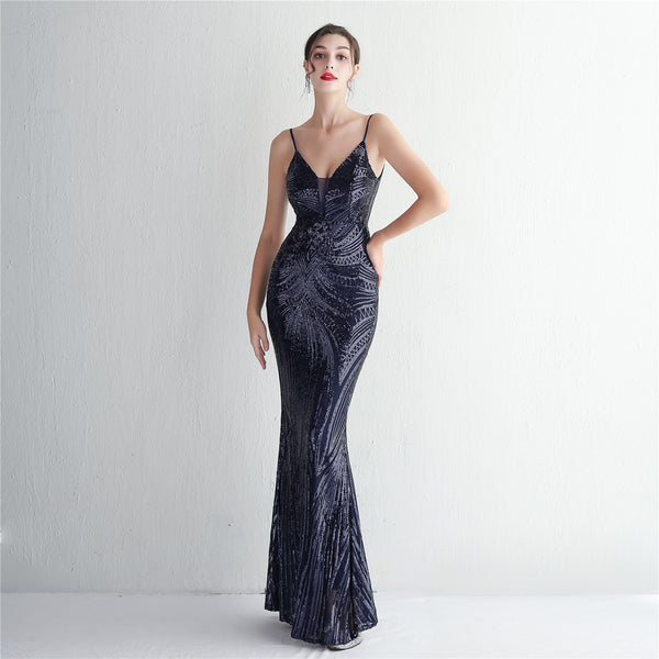 Slim-Fit Sequin Evening Gown with Floral Straps