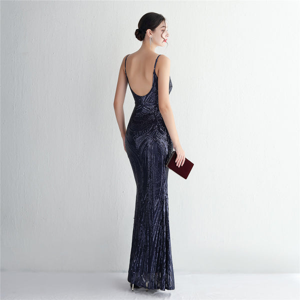 Slim-Fit Sequin Evening Gown with Floral Straps