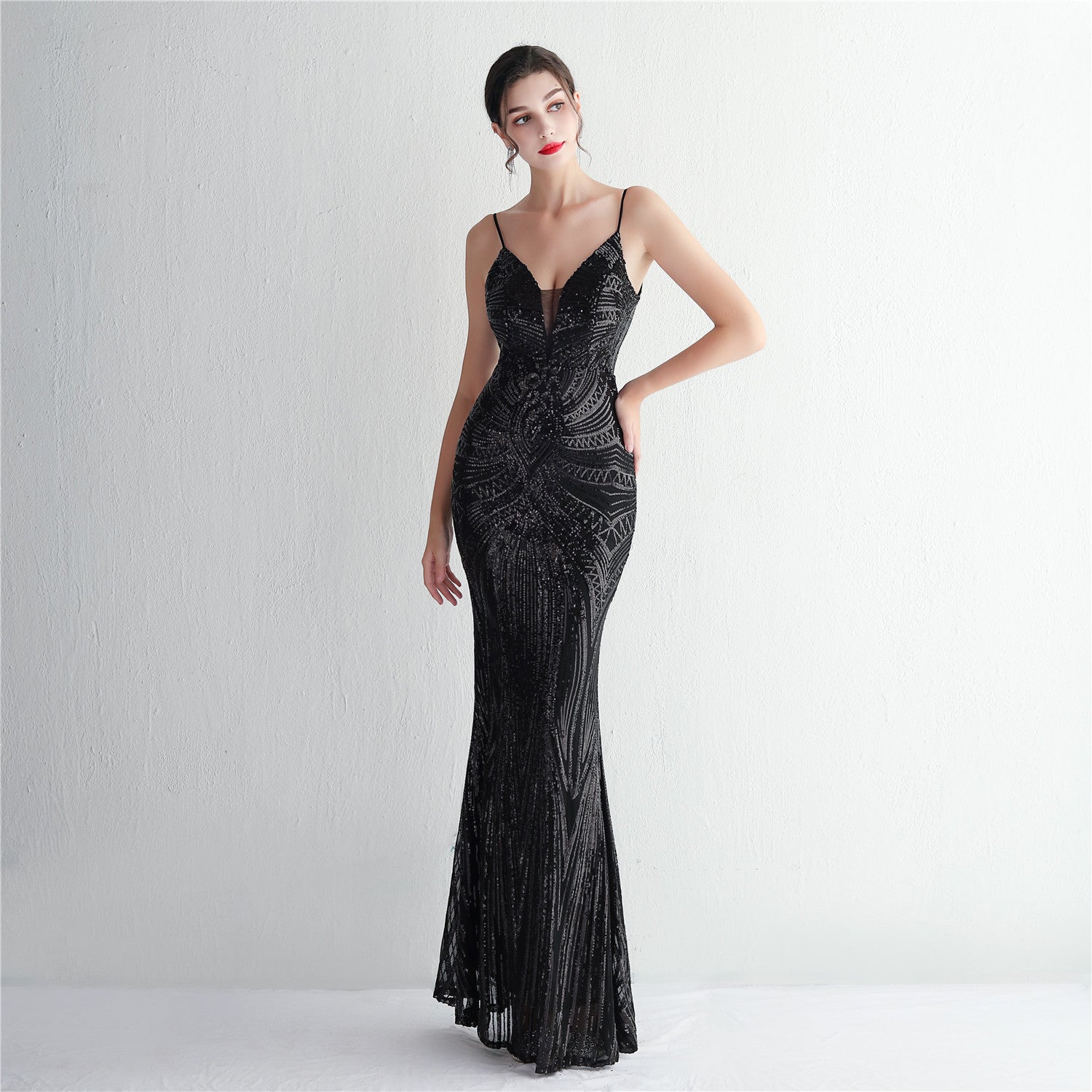 Slim-Fit Sequin Evening Gown with Floral Straps