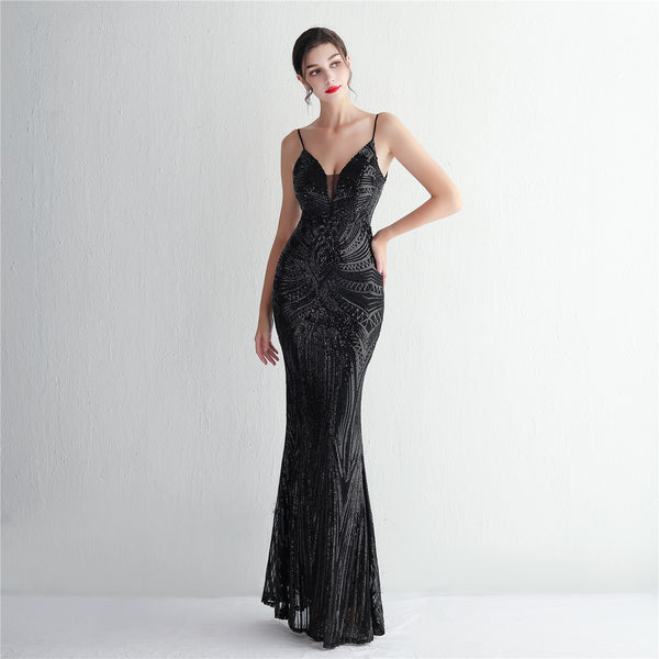 Slim-Fit Sequin Evening Gown with Floral Straps