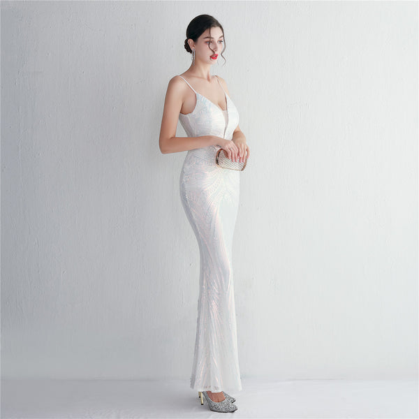 Slim-Fit Sequin Evening Gown with Floral Straps