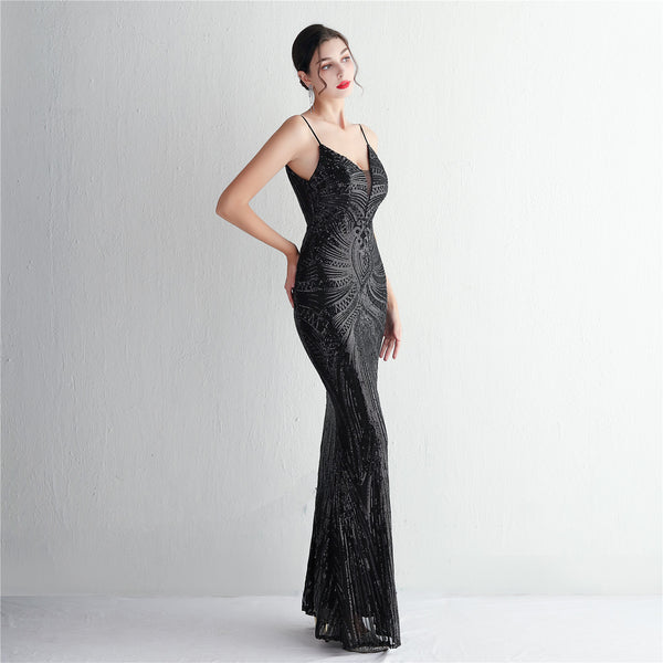 Slim-Fit Sequin Evening Gown with Floral Straps