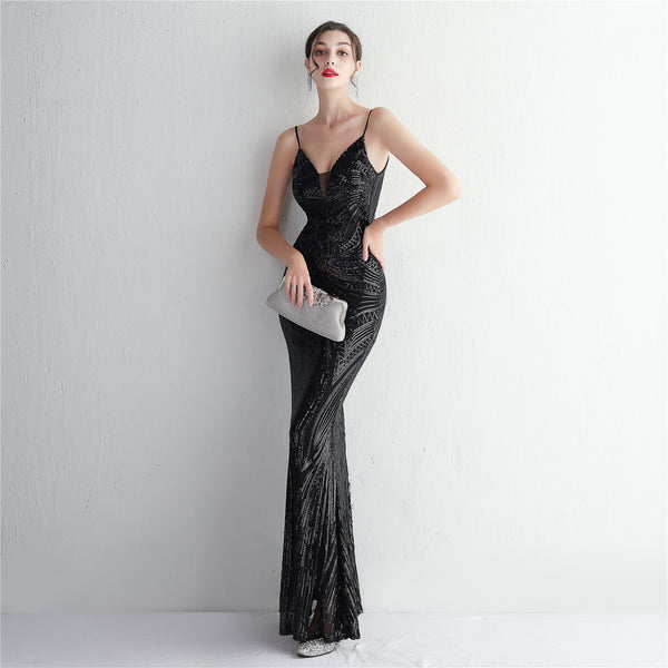 Slim-Fit Sequin Evening Gown with Floral Straps