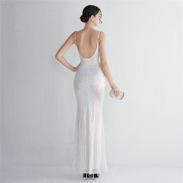 Slim-Fit Sequin Evening Gown with Floral Straps