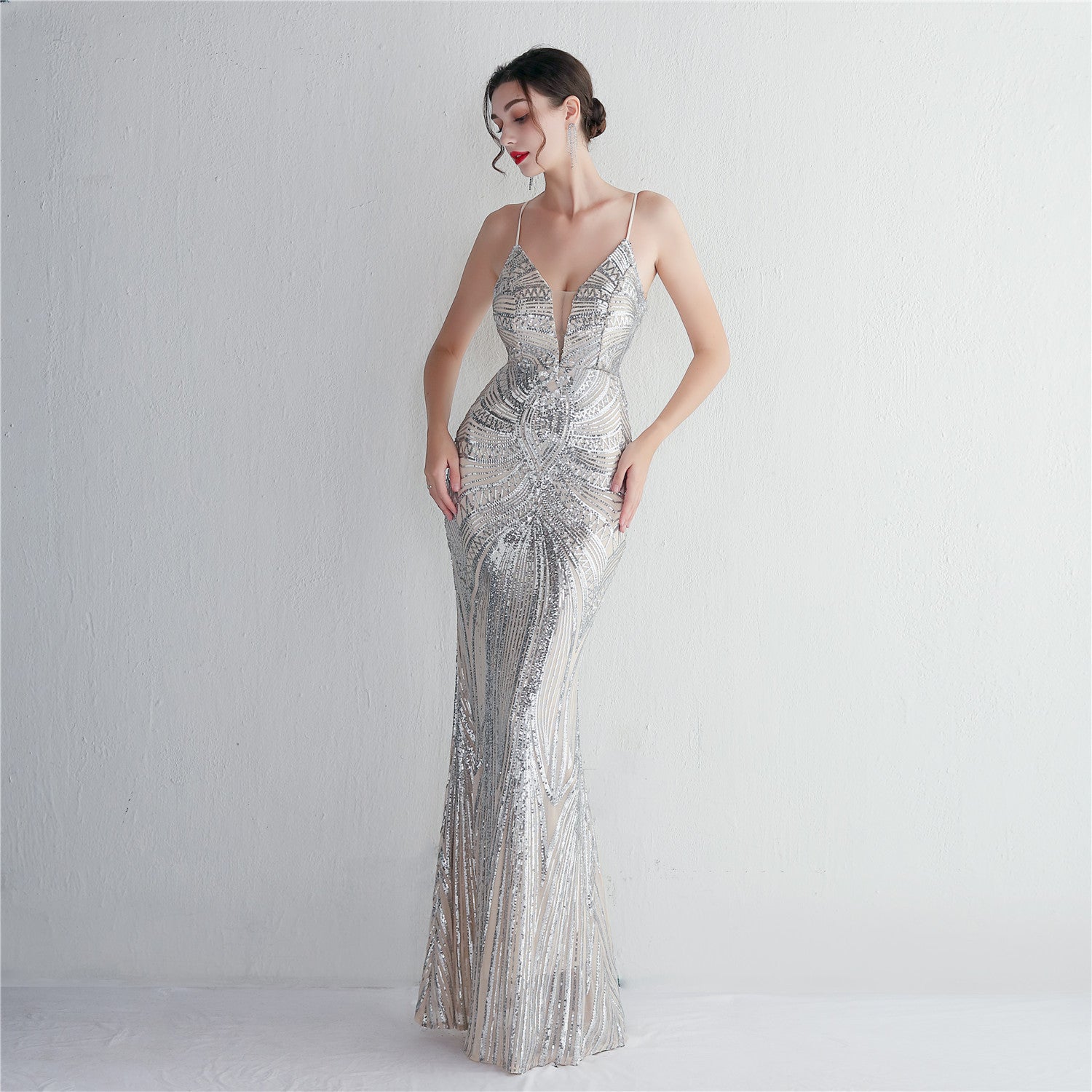 Slim-Fit Sequin Evening Gown with Floral Straps