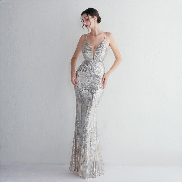 Slim-Fit Sequin Evening Gown with Floral Straps