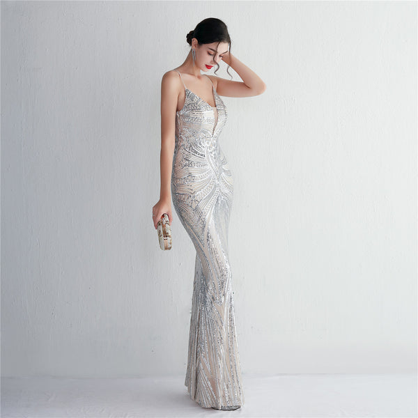Slim-Fit Sequin Evening Gown with Floral Straps