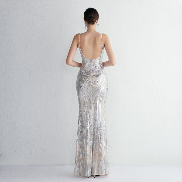 Slim-Fit Sequin Evening Gown with Floral Straps