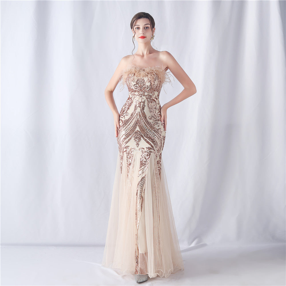 2024 High-End Off-the-Shoulder Gown with Ostrich Feathers and Floral Appliques