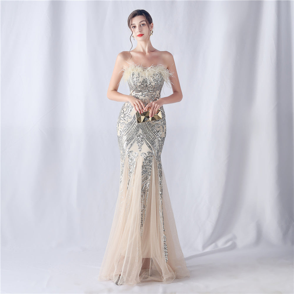 2024 High-End Off-the-Shoulder Gown with Ostrich Feathers and Floral Appliques