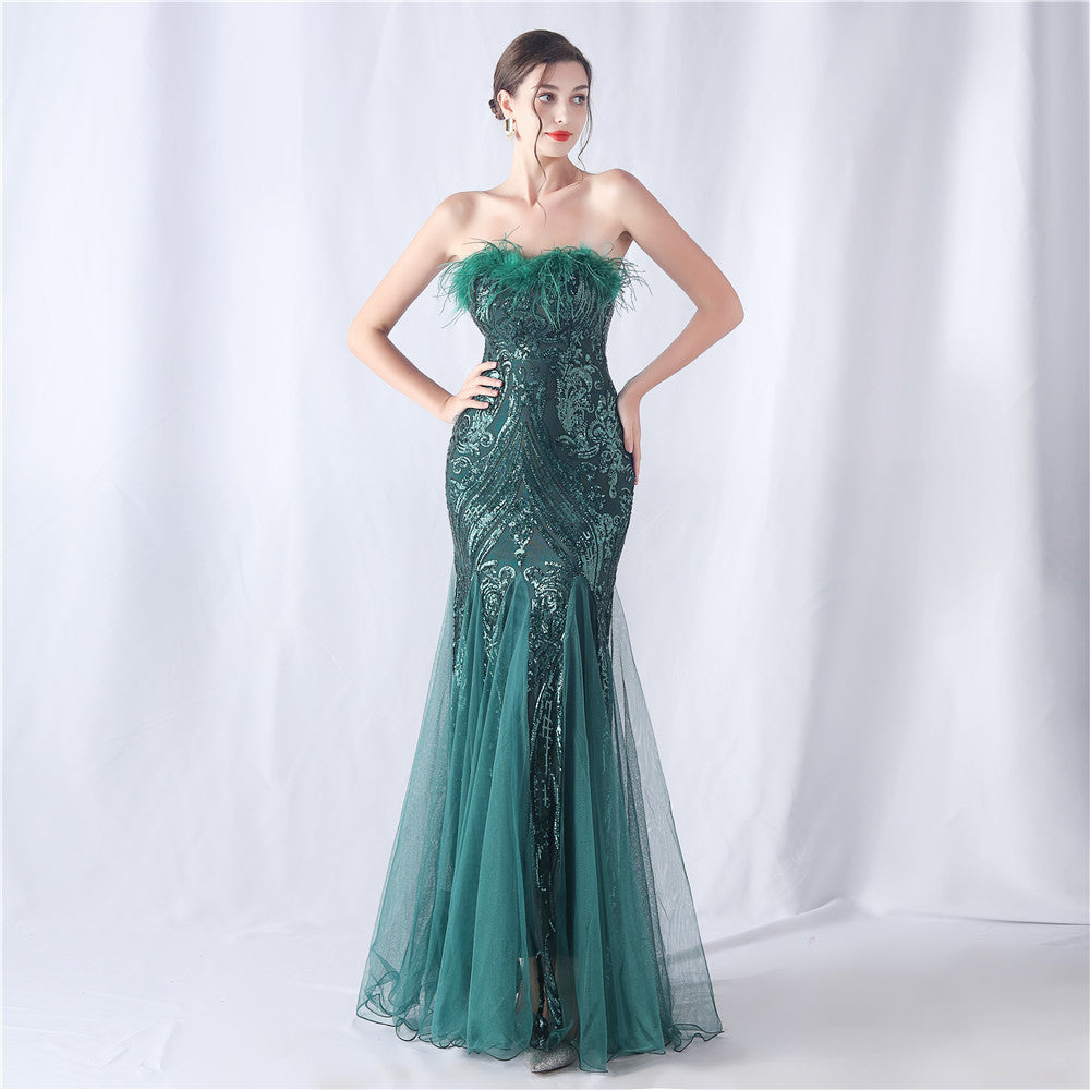 2024 High-End Off-the-Shoulder Gown with Ostrich Feathers and Floral Appliques
