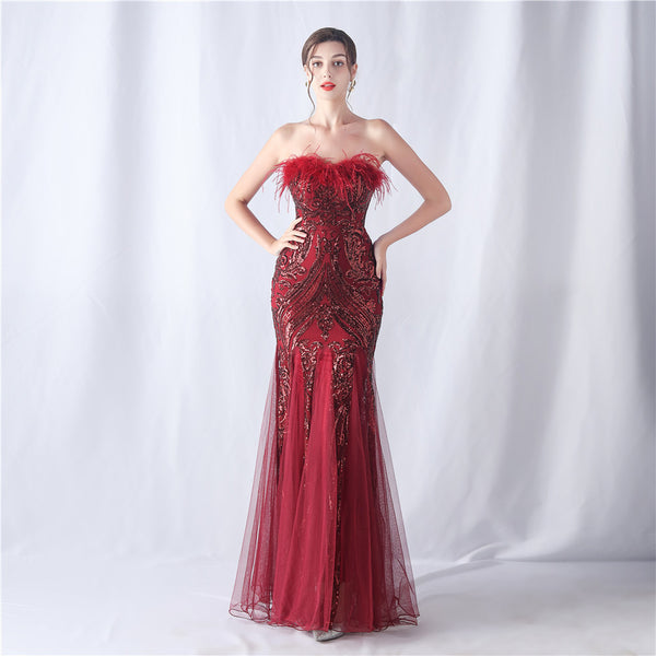 2024 High-End Off-the-Shoulder Gown with Ostrich Feathers and Floral Appliques