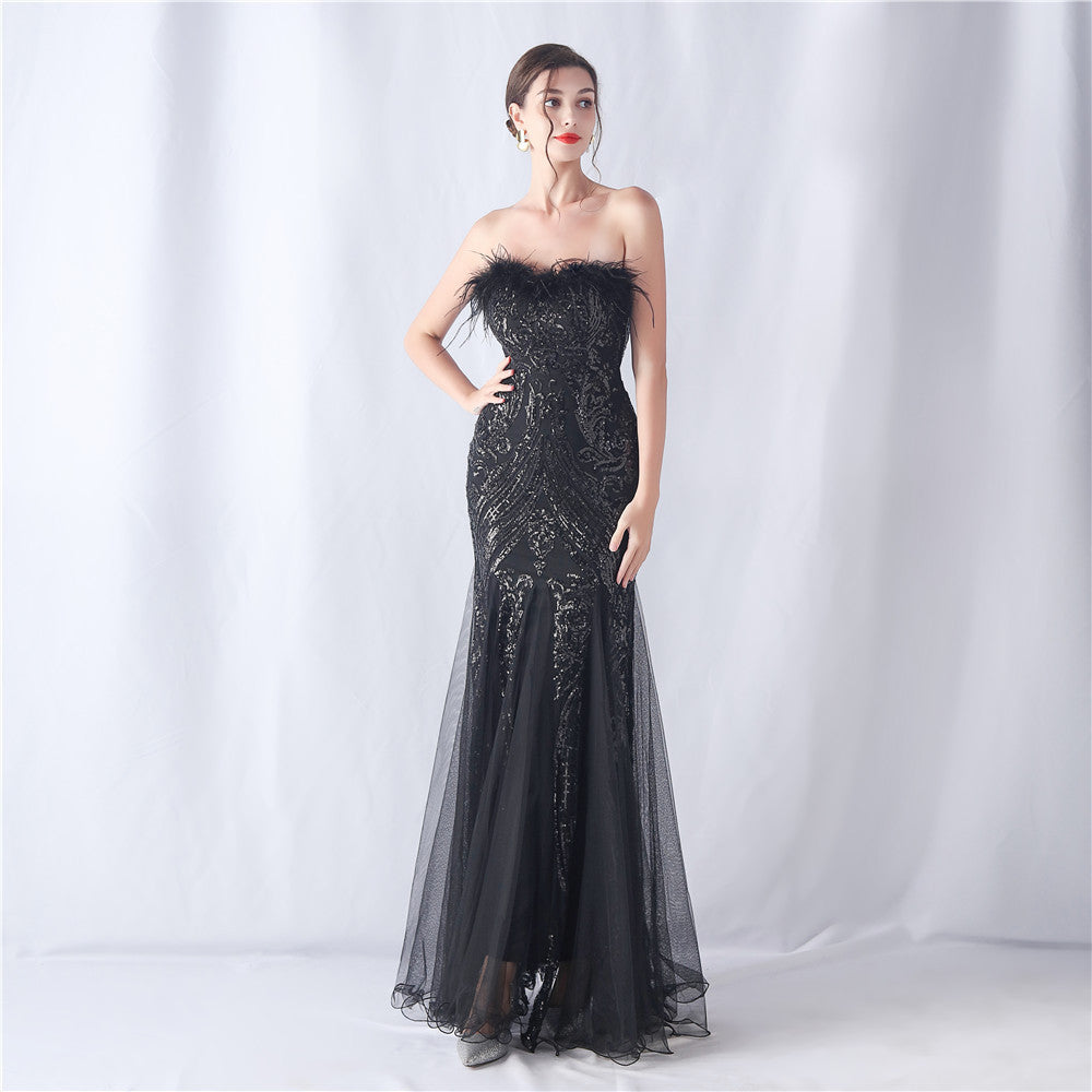 2024 High-End Off-the-Shoulder Gown with Ostrich Feathers and Floral Appliques