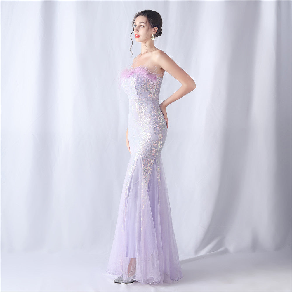 2024 High-End Off-the-Shoulder Gown with Ostrich Feathers and Floral Appliques