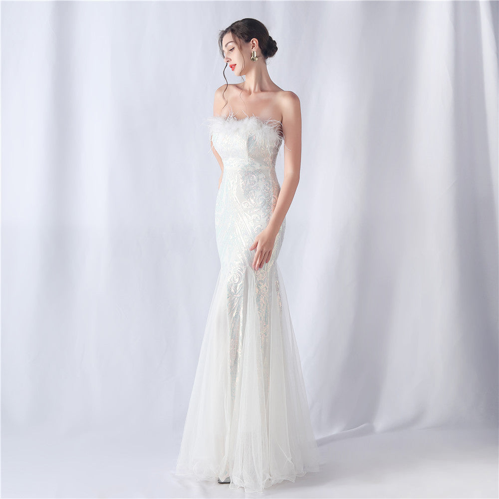 2024 High-End Off-the-Shoulder Gown with Ostrich Feathers and Floral Appliques