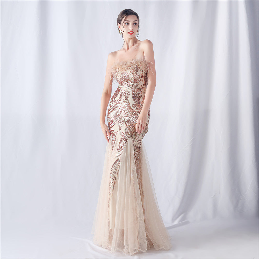 2024 High-End Off-the-Shoulder Gown with Ostrich Feathers and Floral Appliques