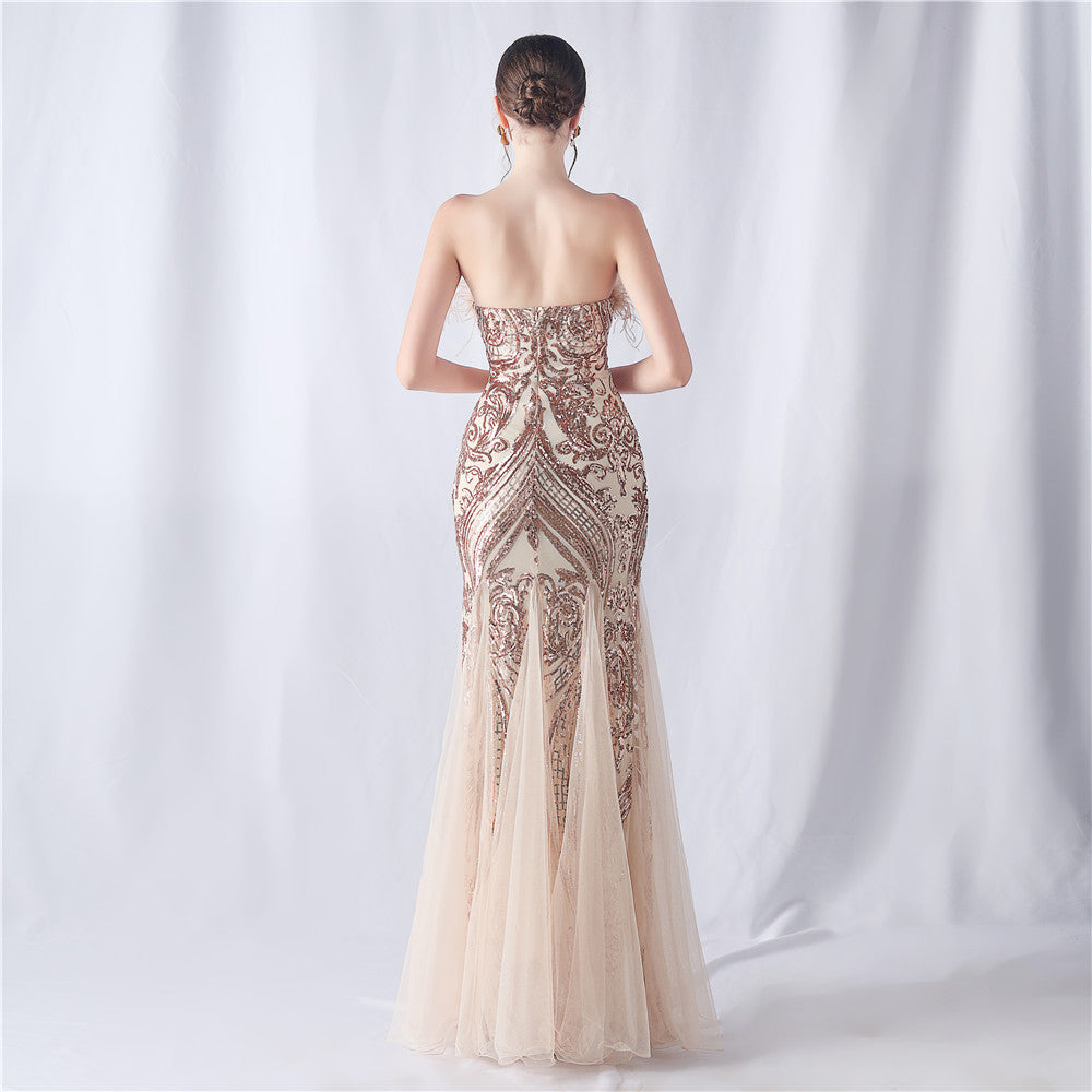 2024 High-End Off-the-Shoulder Gown with Ostrich Feathers and Floral Appliques