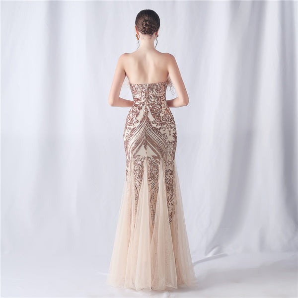 2024 High-End Off-the-Shoulder Gown with Ostrich Feathers and Floral Appliques