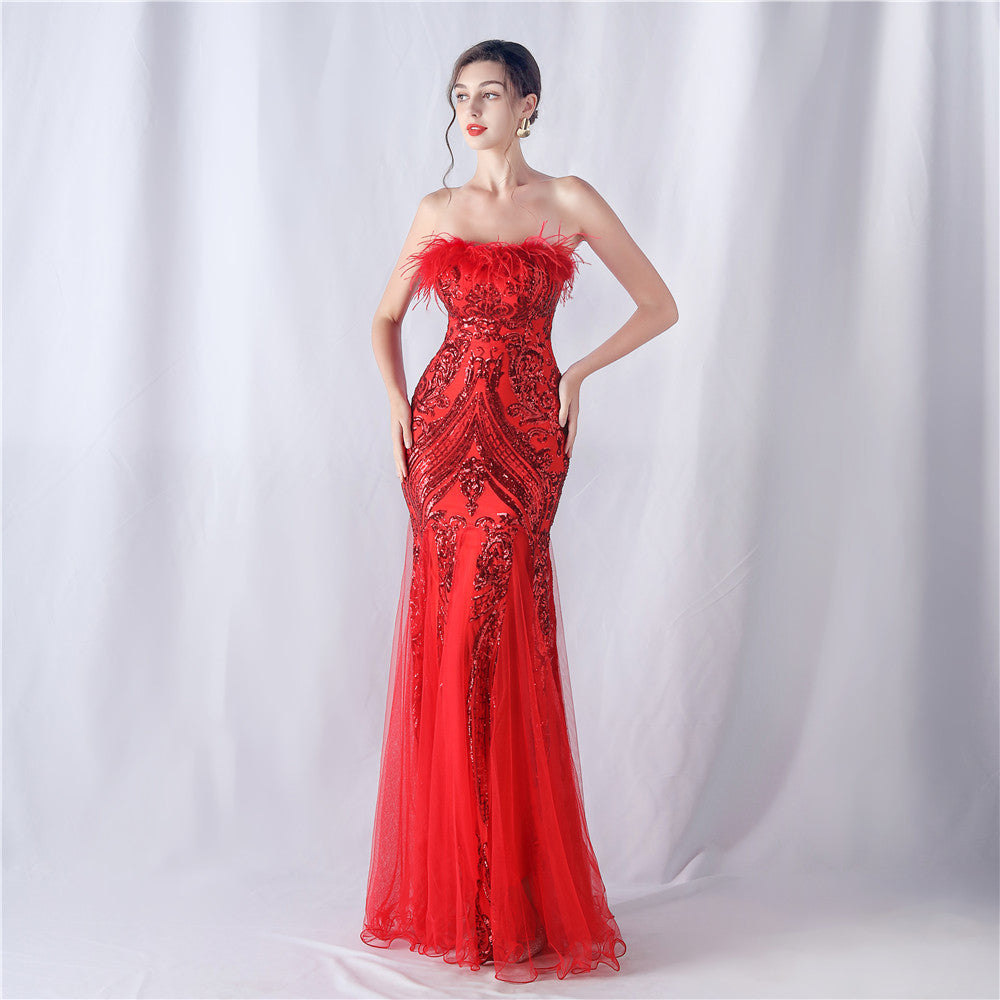 2024 High-End Off-the-Shoulder Gown with Ostrich Feathers and Floral Appliques