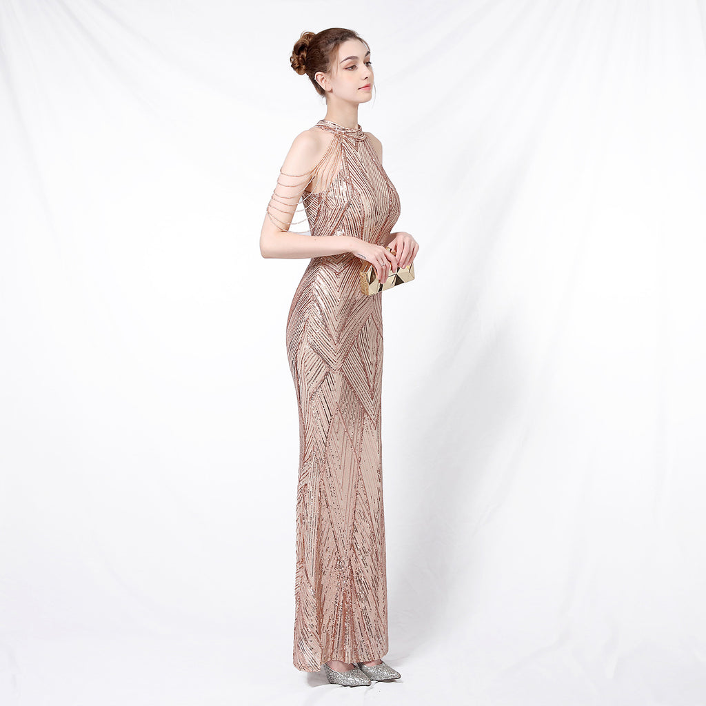 Šaty mořská panna s flitry a halter výstřihem pro odvážný vzhled