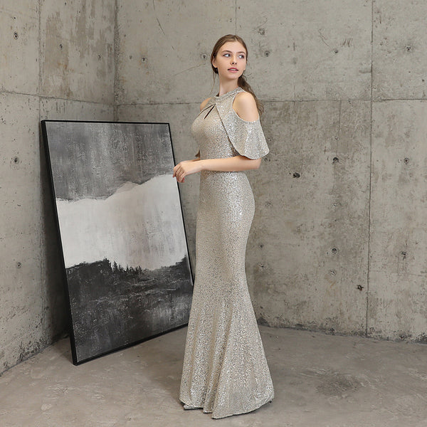 Elegant Cold-Shoulder Sleeves Sequin Mermaid Gown