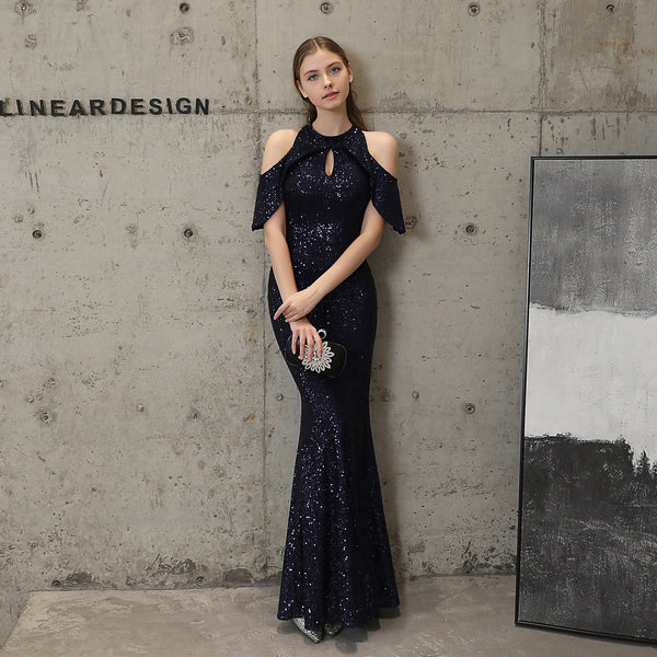 Elegant Cold-Shoulder Sleeves Sequin Mermaid Gown