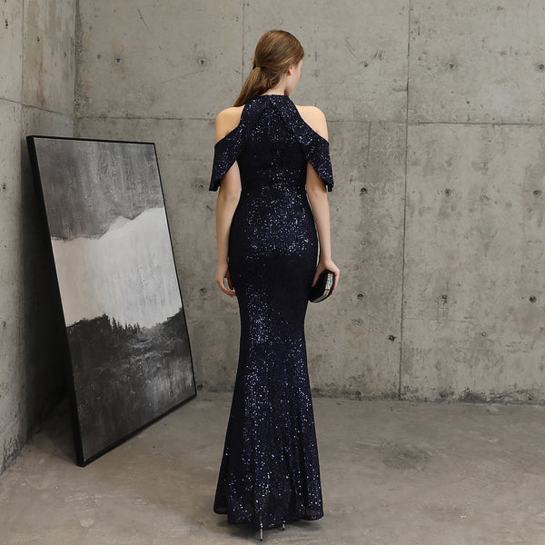 Elegant Cold-Shoulder Sleeves Sequin Mermaid Gown