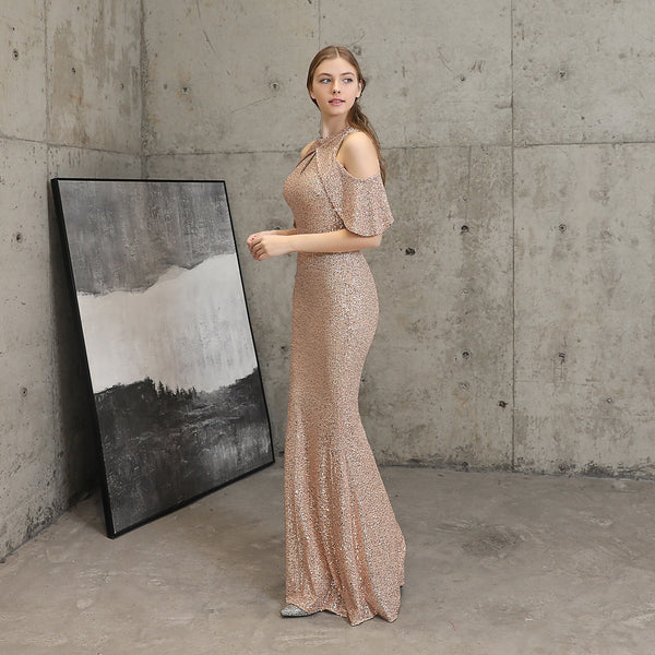 Elegant Cold-Shoulder Sleeves Sequin Mermaid Gown