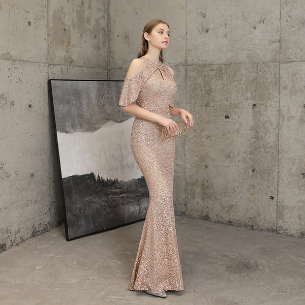 Elegant Cold-Shoulder Sleeves Sequin Mermaid Gown