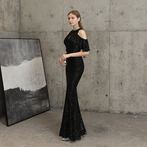 Elegant Cold-Shoulder Sleeves Sequin Mermaid Gown