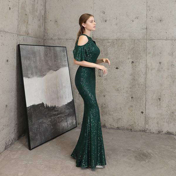 Elegant Cold-Shoulder Sleeves Sequin Mermaid Gown