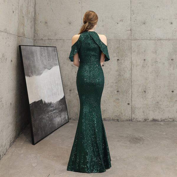 Elegant Cold-Shoulder Sleeves Sequin Mermaid Gown