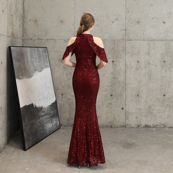 Elegant Cold-Shoulder Sleeves Sequin Mermaid Gown