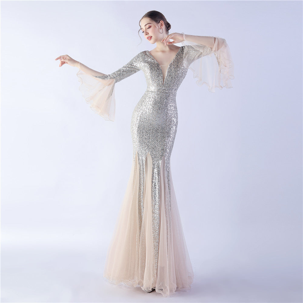 Long Bell Sleeves Sequin Mermaid Evening Gown