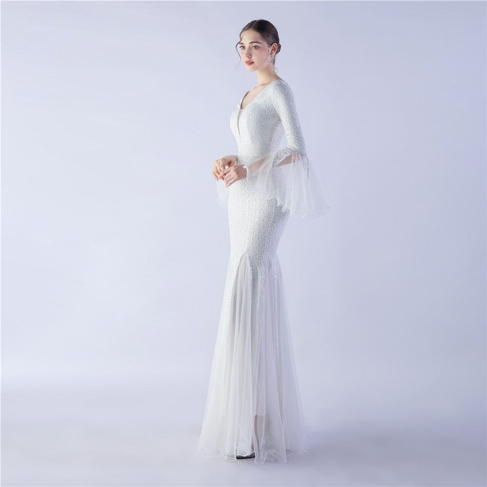 Long Bell Sleeves Sequin Mermaid Evening Gown