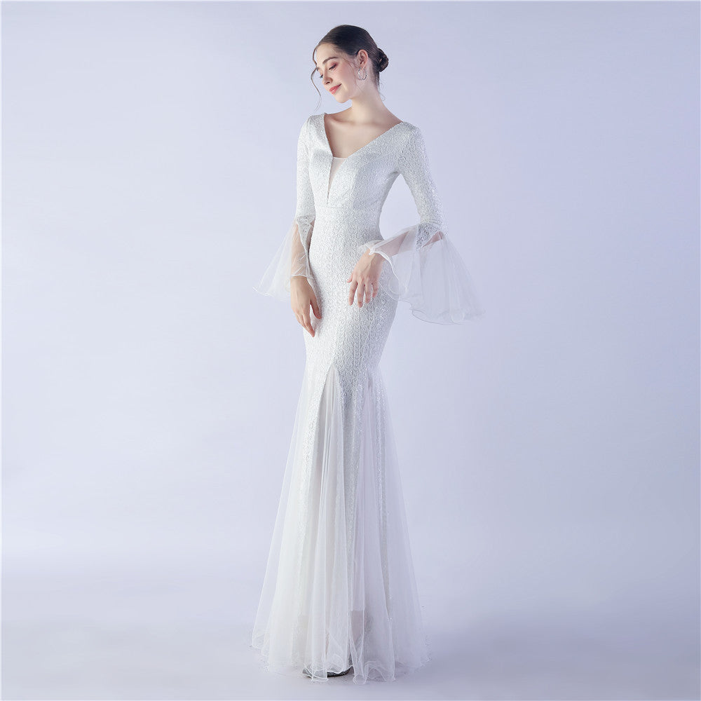 Long Bell Sleeves Sequin Mermaid Evening Gown