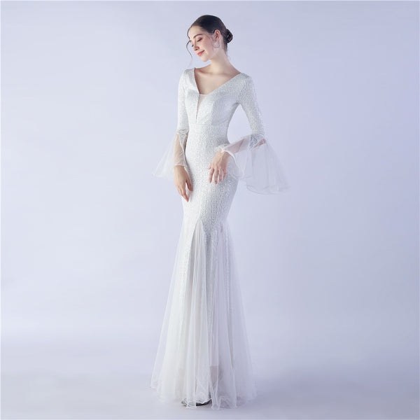 Long Bell Sleeves Sequin Mermaid Evening Gown