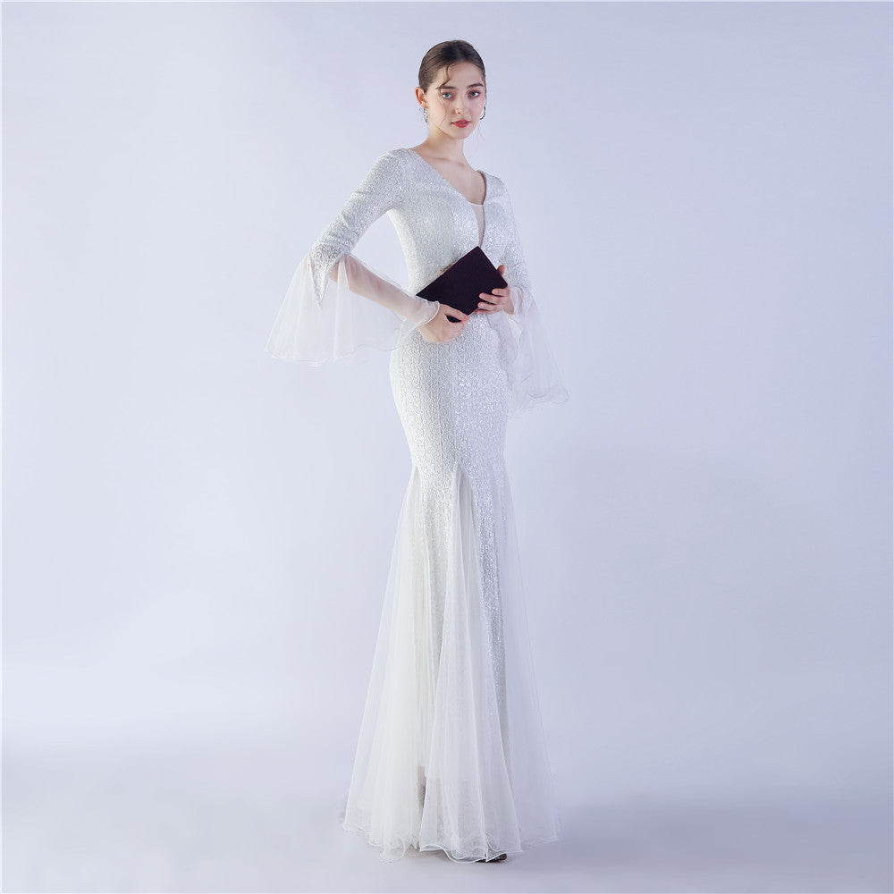 Long Bell Sleeves Sequin Mermaid Evening Gown