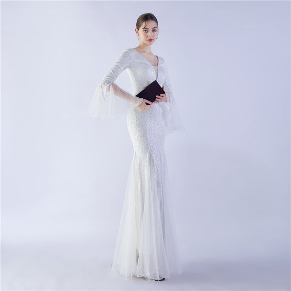 Long Bell Sleeves Sequin Mermaid Evening Gown