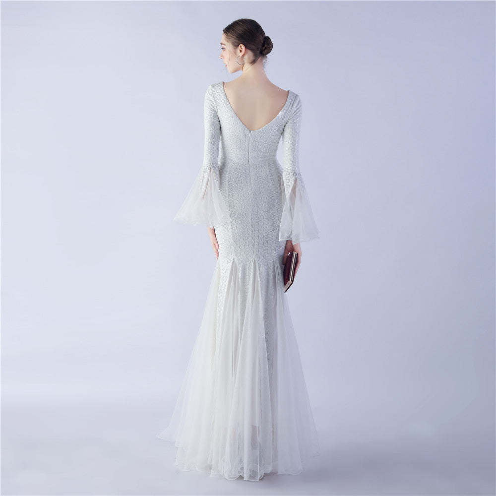 Long Bell Sleeves Sequin Mermaid Evening Gown