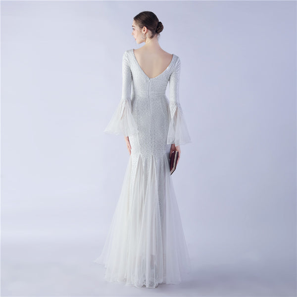 Long Bell Sleeves Sequin Mermaid Evening Gown