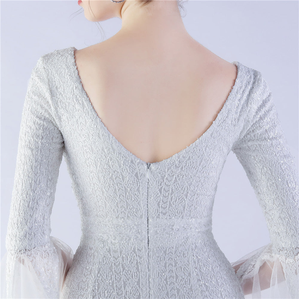 Long Bell Sleeves Sequin Mermaid Evening Gown