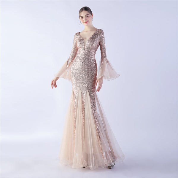 Long Bell Sleeves Sequin Mermaid Evening Gown