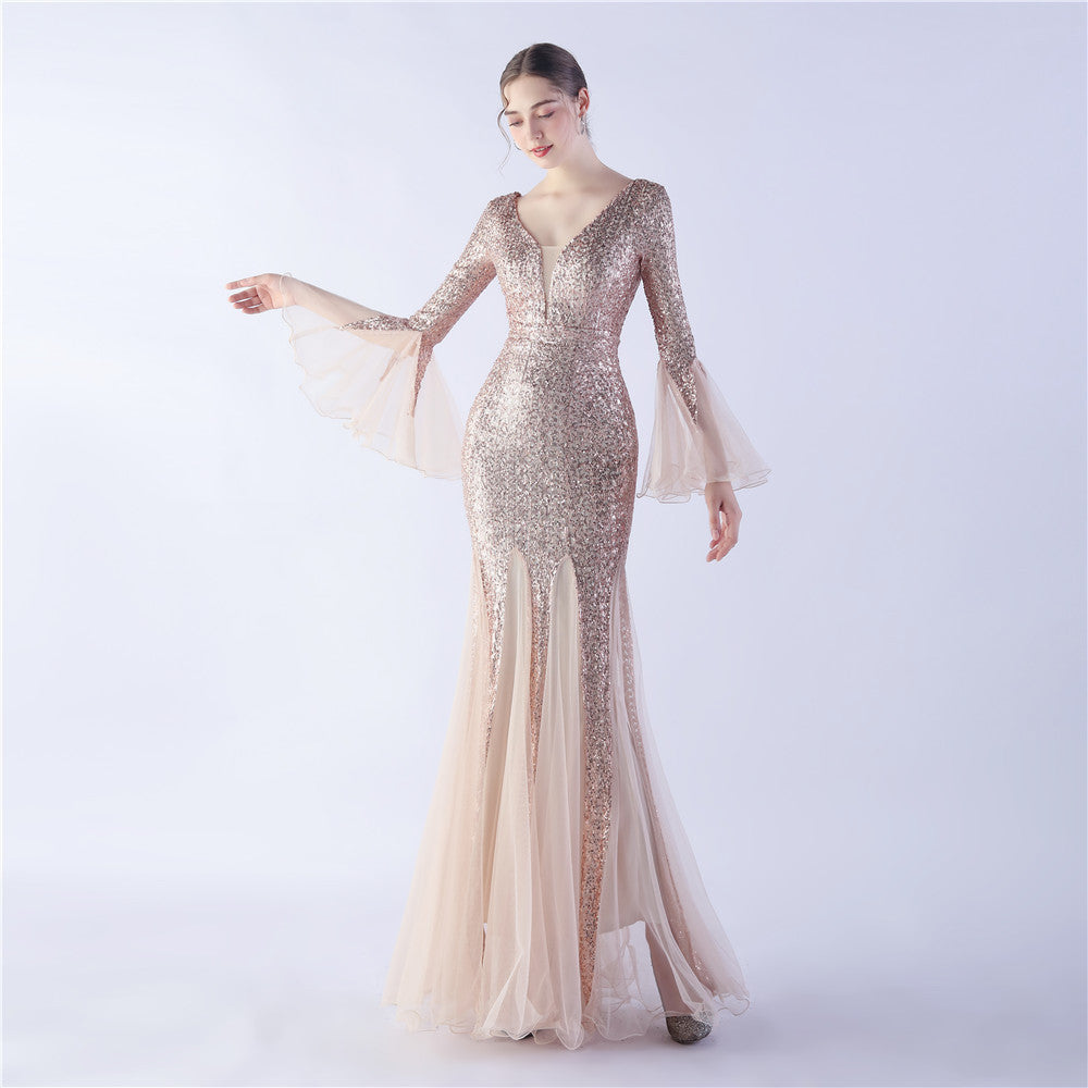 Long Bell Sleeves Sequin Mermaid Evening Gown