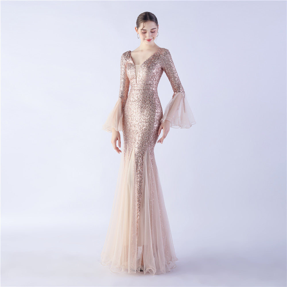 Long Bell Sleeves Sequin Mermaid Evening Gown