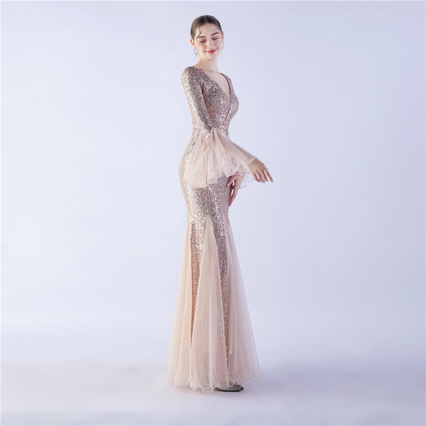 Long Bell Sleeves Sequin Mermaid Evening Gown
