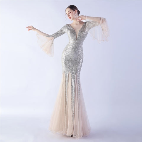 Long Bell Sleeves Sequin Mermaid Evening Gown